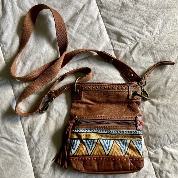 THE SAK Pax Leather Small Crossbody Purse Tribal Brown Convertible Strap Boho - Picture 2 of 16